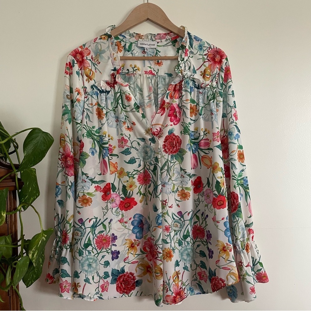 Gibson Latimer Multicolored Floral Ruffle V-neck Chiffon Blouse Size XXL